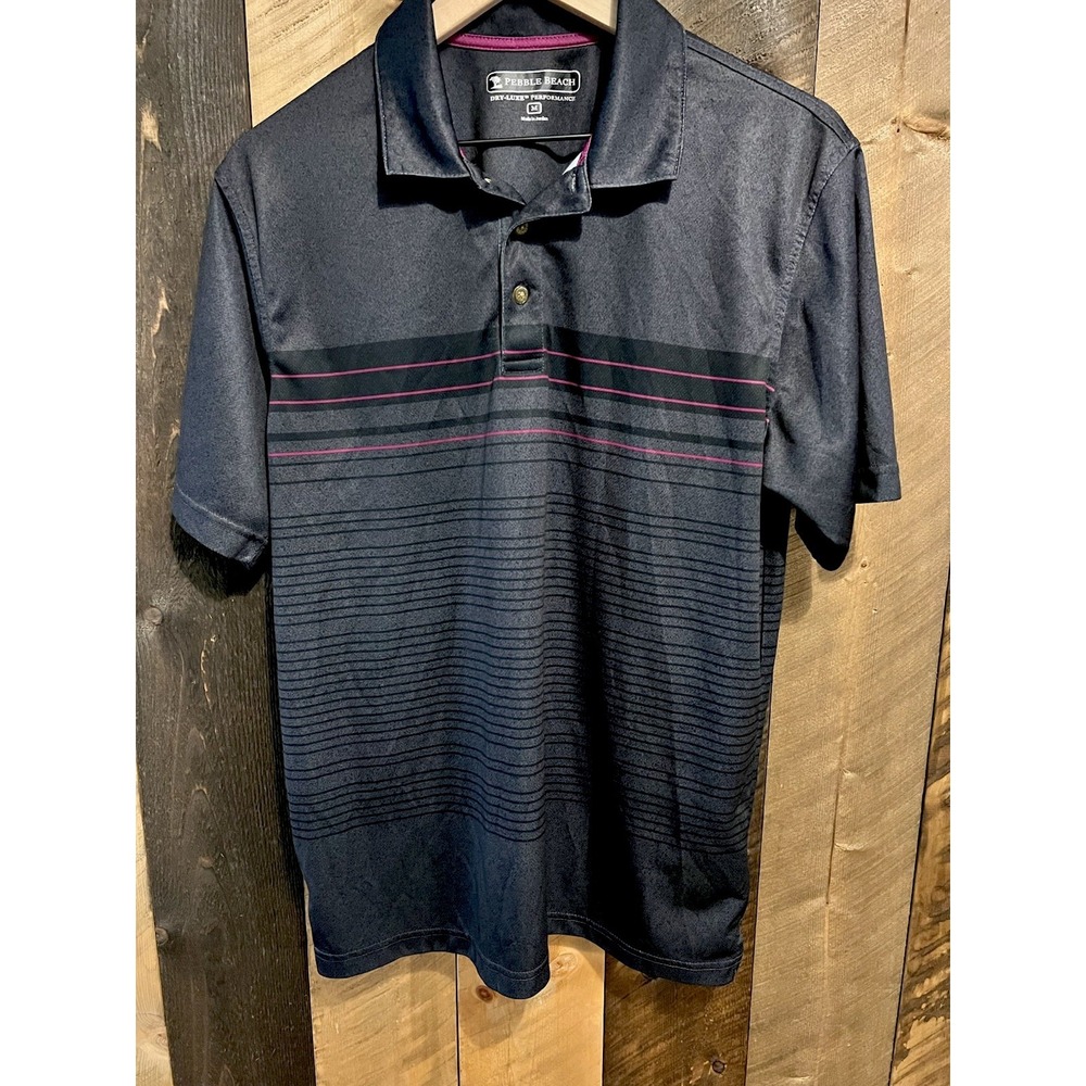Pebble Beach Dry-Luxe Performance Polo Men’s Medium Navy Pink Stripe Golf Shirt